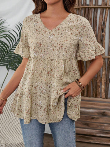 EMERY ROSE Women's Casual Ditsy Floral Ruffled Hem Shirt, Summer EMERY ROSE Women's Casual Ditsy Floral Ruffled Hem Shirt, Summer