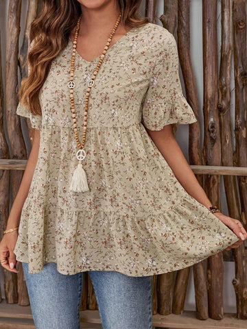 EMERY ROSE Women's Casual Ditsy Floral Ruffled Hem Shirt, Summer EMERY ROSE Women's Casual Ditsy Floral Ruffled Hem Shirt, Summer