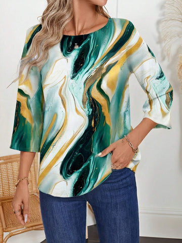 EMERY ROSE Women's Casual Elegant Forest Green Marble Pattern Round Neck 3/4 Sleeve Fitted Blouse EMERY ROSE Women's Casual Elegant Forest Green Marble Pattern Round Neck 3/4 Sleeve Fitted Blouse