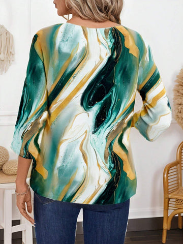 EMERY ROSE Women's Casual Elegant Forest Green Marble Pattern Round Neck 3/4 Sleeve Fitted Blouse EMERY ROSE Women's Casual Elegant Forest Green Marble Pattern Round Neck 3/4 Sleeve Fitted Blouse