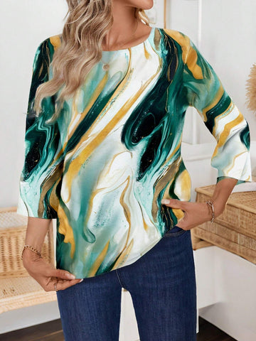 EMERY ROSE Women's Casual Elegant Forest Green Marble Pattern Round Neck 3/4 Sleeve Fitted Blouse EMERY ROSE Women's Casual Elegant Forest Green Marble Pattern Round Neck 3/4 Sleeve Fitted Blouse