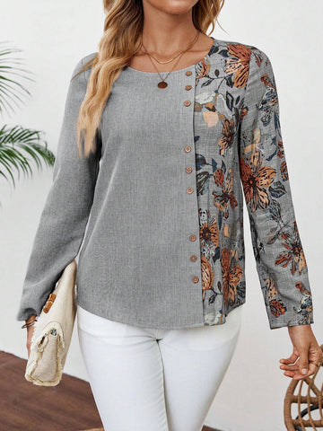 EMERY ROSE Women's Casual Floral Print Patchwork Shirt, Autumn EMERY ROSE Women's Casual Floral Print Patchwork Shirt, Autumn