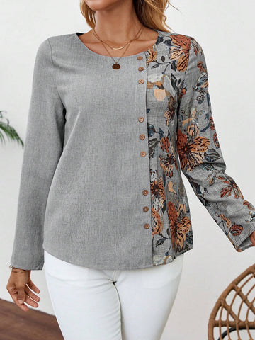 EMERY ROSE Women's Casual Floral Print Patchwork Shirt, Autumn EMERY ROSE Women's Casual Floral Print Patchwork Shirt, Autumn