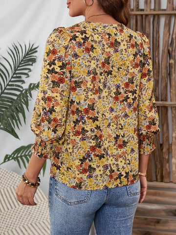 EMERY ROSE Women's Casual Floral Print Shirred Gathered Cuff Blouse, Autumn EMERY ROSE Women's Casual Floral Print Shirred Gathered Cuff Blouse, Autumn