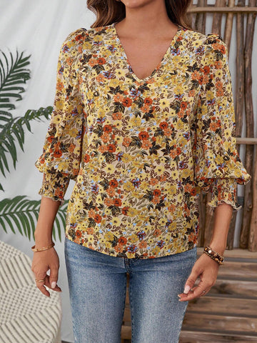 EMERY ROSE Women's Casual Floral Print Shirred Gathered Cuff Blouse, Autumn EMERY ROSE Women's Casual Floral Print Shirred Gathered Cuff Blouse, Autumn