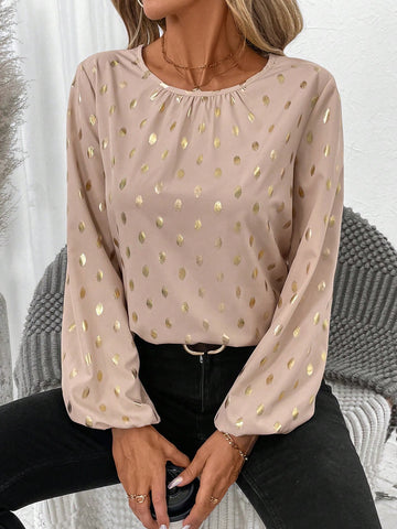 EMERY ROSE Women's Casual Foil Polka Dot Print Lantern Sleeve Shirt For Autumn EMERY ROSE Women's Casual Foil Polka Dot Print Lantern Sleeve Shirt For Autumn