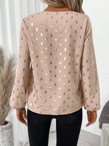 EMERY ROSE Women's Casual Foil Polka Dot Print Lantern Sleeve Shirt For Autumn EMERY ROSE Women's Casual Foil Polka Dot Print Lantern Sleeve Shirt For Autumn