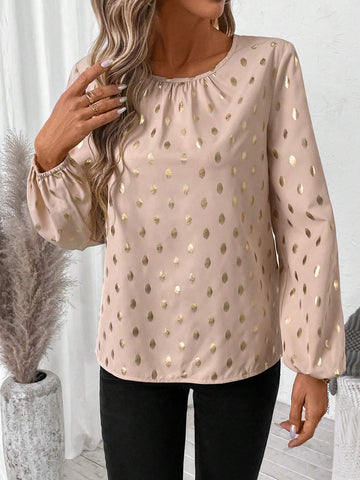 EMERY ROSE Women's Casual Foil Polka Dot Print Lantern Sleeve Shirt For Autumn EMERY ROSE Women's Casual Foil Polka Dot Print Lantern Sleeve Shirt For Autumn