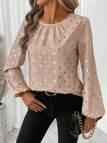 EMERY ROSE Women's Casual Foil Polka Dot Print Lantern Sleeve Shirt For Autumn EMERY ROSE Women's Casual Foil Polka Dot Print Lantern Sleeve Shirt For Autumn
