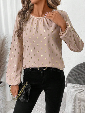 EMERY ROSE Women's Casual Foil Polka Dot Print Lantern Sleeve Shirt For Autumn EMERY ROSE Women's Casual Foil Polka Dot Print Lantern Sleeve Shirt For Autumn