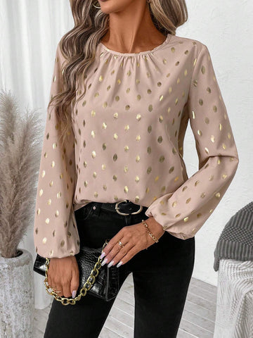 EMERY ROSE Women's Casual Foil Polka Dot Print Lantern Sleeve Shirt For Autumn EMERY ROSE Women's Casual Foil Polka Dot Print Lantern Sleeve Shirt For Autumn