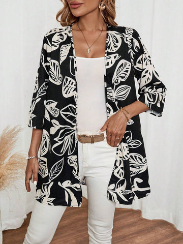 EMERY ROSE Women's Casual Loose Leaf Pattern 3/4 Sleeve Summer Blouse EMERY ROSE Women's Casual Loose Leaf Pattern 3/4 Sleeve Summer Blouse