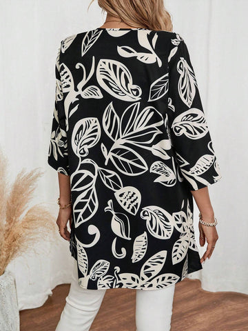 EMERY ROSE Women's Casual Loose Leaf Pattern 3/4 Sleeve Summer Blouse EMERY ROSE Women's Casual Loose Leaf Pattern 3/4 Sleeve Summer Blouse