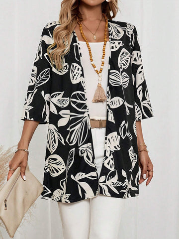 EMERY ROSE Women's Casual Loose Leaf Pattern 3/4 Sleeve Summer Blouse EMERY ROSE Women's Casual Loose Leaf Pattern 3/4 Sleeve Summer Blouse