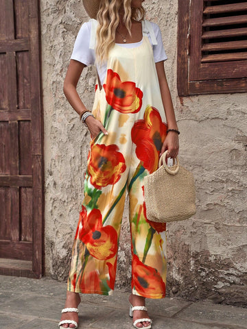 EMERY ROSE Women's Casual Summer Floral Jumpsuit With Tie Straps EMERY ROSE Women's Casual Summer Floral Jumpsuit With Tie Straps