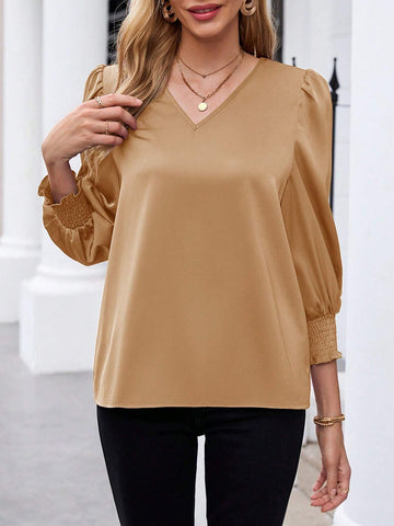 EMERY ROSE Women's Casual V-Neck Lantern Sleeve Elegant Simple Blouse, Autumn EMERY ROSE Women's Casual V-Neck Lantern Sleeve Elegant Simple Blouse, Autumn