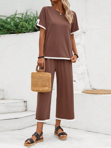 EMERY ROSE Women's Color Block Simple Daily Wear 2-Piece Set For Summer EMERY ROSE Women's Color Block Simple Daily Wear 2-Piece Set For Summer