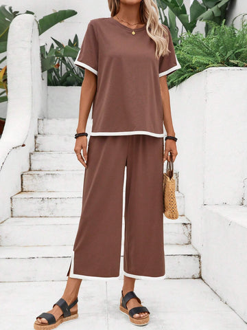 EMERY ROSE Women's Color Block Simple Daily Wear 2-Piece Set For Summer EMERY ROSE Women's Color Block Simple Daily Wear 2-Piece Set For Summer