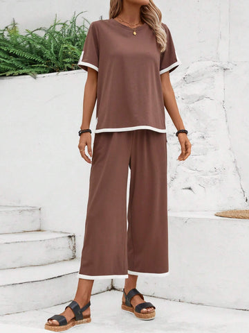 EMERY ROSE Women's Color Block Simple Daily Wear 2-Piece Set For Summer EMERY ROSE Women's Color Block Simple Daily Wear 2-Piece Set For Summer