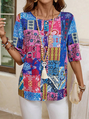 EMERY ROSE Women's Colorful Random Printed Simple Daily Shirt EMERY ROSE Women's Colorful Random Printed Simple Daily Shirt