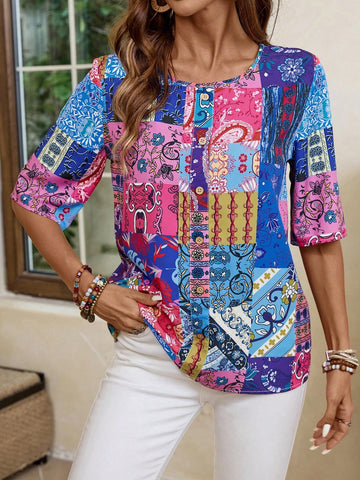 EMERY ROSE Women's Colorful Random Printed Simple Daily Shirt EMERY ROSE Women's Colorful Random Printed Simple Daily Shirt