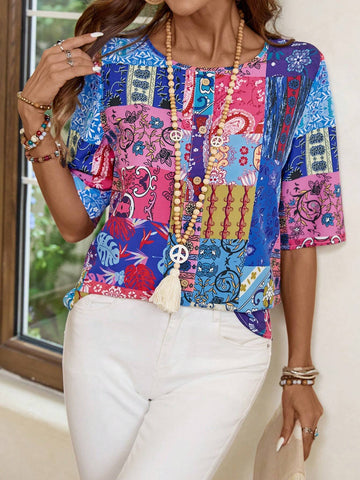 EMERY ROSE Women's Colorful Random Printed Simple Daily Shirt EMERY ROSE Women's Colorful Random Printed Simple Daily Shirt