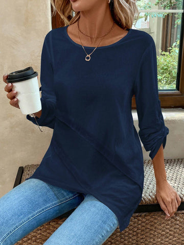 EMERY ROSE Women's Crew Neck Asymmetrical Hem White Shirt EMERY ROSE Women's Crew Neck Asymmetrical Hem White Shirt