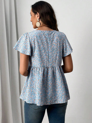 EMERY ROSE Women's Ditsy Floral Round Neck Ruffle Sleeve Loose Casual Shirt EMERY ROSE Women's Ditsy Floral Round Neck Ruffle Sleeve Loose Casual Shirt