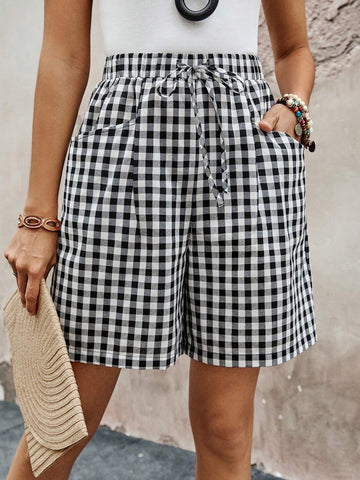 EMERY ROSE Women's Drawstring Plaid Printed Shorts With Pockets, Summer Casual Wear EMERY ROSE Women's Drawstring Plaid Printed Shorts With Pockets, Summer Casual Wear