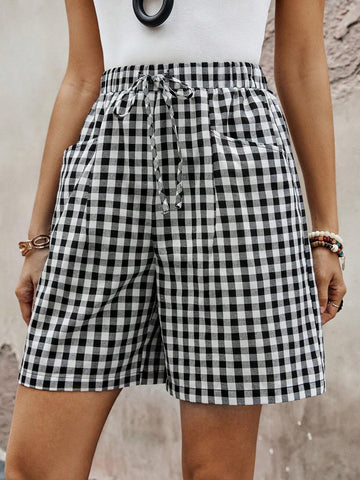 EMERY ROSE Women's Drawstring Plaid Printed Shorts With Pockets, Summer Casual Wear EMERY ROSE Women's Drawstring Plaid Printed Shorts With Pockets, Summer Casual Wear