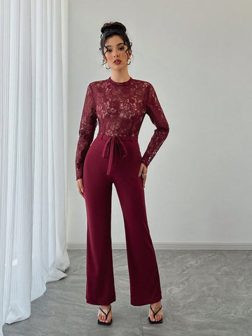 EMERY ROSE Women's Elegant Sexy Solid Color Lace Patchwork Jumpsuit EMERY ROSE Women's Elegant Sexy Solid Color Lace Patchwork Jumpsuit