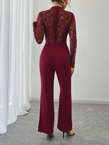 EMERY ROSE Women's Elegant Sexy Solid Color Lace Patchwork Jumpsuit EMERY ROSE Women's Elegant Sexy Solid Color Lace Patchwork Jumpsuit