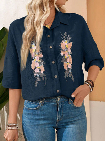 EMERY ROSE Women's Floral Embroidery Casual Linen Summer Blouse EMERY ROSE Women's Floral Embroidery Casual Linen Summer Blouse