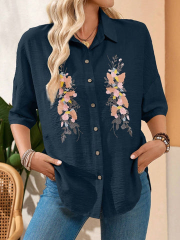 EMERY ROSE Women's Floral Embroidery Casual Linen Summer Blouse EMERY ROSE Women's Floral Embroidery Casual Linen Summer Blouse