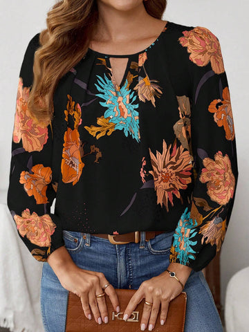 EMERY ROSE Women's Floral Print Keyhole Neck Lantern Sleeve Fashion Shirt For Holiday EMERY ROSE Women's Floral Print Keyhole Neck Lantern Sleeve Fashion Shirt For Holiday