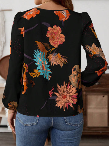 EMERY ROSE Women's Floral Print Keyhole Neck Lantern Sleeve Fashion Shirt For Holiday EMERY ROSE Women's Floral Print Keyhole Neck Lantern Sleeve Fashion Shirt For Holiday