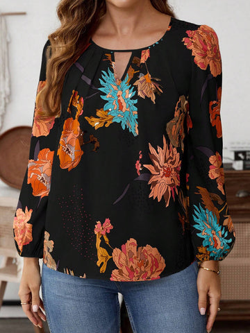 EMERY ROSE Women's Floral Print Keyhole Neck Lantern Sleeve Fashion Shirt For Holiday EMERY ROSE Women's Floral Print Keyhole Neck Lantern Sleeve Fashion Shirt For Holiday