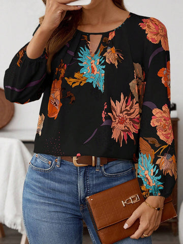 EMERY ROSE Women's Floral Print Keyhole Neck Lantern Sleeve Fashion Shirt For Holiday EMERY ROSE Women's Floral Print Keyhole Neck Lantern Sleeve Fashion Shirt For Holiday