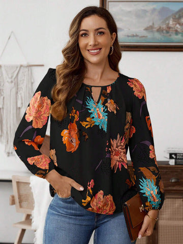 EMERY ROSE Women's Floral Print Keyhole Neck Lantern Sleeve Fashion Shirt For Holiday EMERY ROSE Women's Floral Print Keyhole Neck Lantern Sleeve Fashion Shirt For Holiday