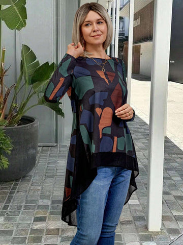 EMERY ROSE Women's Floral Print Patchwork Chiffon Hem Elegant Blouse EMERY ROSE Women's Floral Print Patchwork Chiffon Hem Elegant Blouse