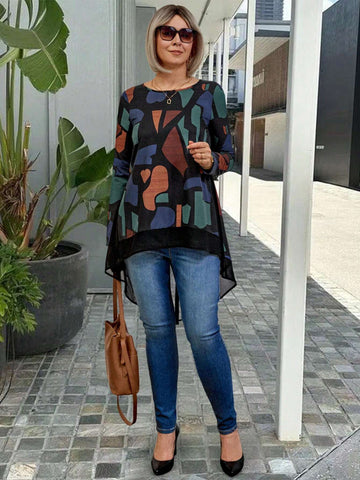EMERY ROSE Women's Floral Print Patchwork Chiffon Hem Elegant Blouse EMERY ROSE Women's Floral Print Patchwork Chiffon Hem Elegant Blouse