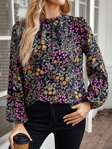 EMERY ROSE Women's Floral Print Stand Collar Long Sleeve Blouse EMERY ROSE Women's Floral Print Stand Collar Long Sleeve Blouse