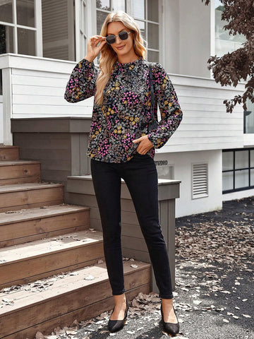 EMERY ROSE Women's Floral Print Stand Collar Long Sleeve Blouse EMERY ROSE Women's Floral Print Stand Collar Long Sleeve Blouse