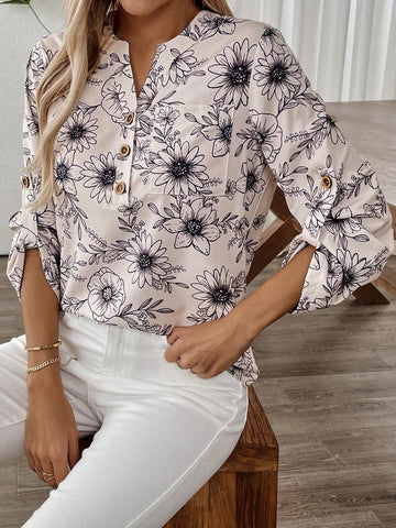 EMERY ROSE Women's Front Button Closure Mid-Length Sleeve Allover Floral Print Casual Blouse EMERY ROSE Women's Front Button Closure Mid-Length Sleeve Allover Floral Print Casual Blouse
