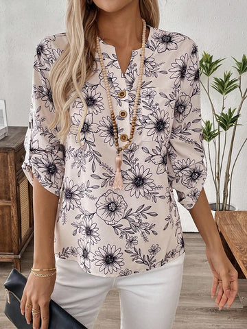 EMERY ROSE Women's Front Button Closure Mid-Length Sleeve Allover Floral Print Casual Blouse EMERY ROSE Women's Front Button Closure Mid-Length Sleeve Allover Floral Print Casual Blouse
