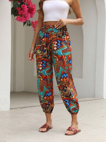 EMERY ROSE Women's Full Printed High-Waist Drawstring Casual Pants For Vacation EMERY ROSE Women's Full Printed High-Waist Drawstring Casual Pants For Vacation