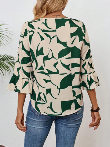 EMERY ROSE Women's Geometric Pattern Seven-Quarter Sleeve Round-Neck Shirt EMERY ROSE Women's Geometric Pattern Seven-Quarter Sleeve Round-Neck Shirt