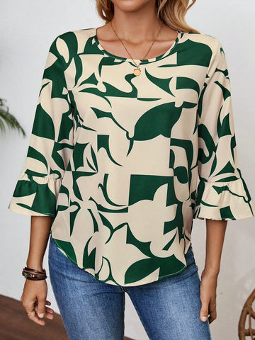 EMERY ROSE Women's Geometric Pattern Seven-Quarter Sleeve Round-Neck Shirt EMERY ROSE Women's Geometric Pattern Seven-Quarter Sleeve Round-Neck Shirt