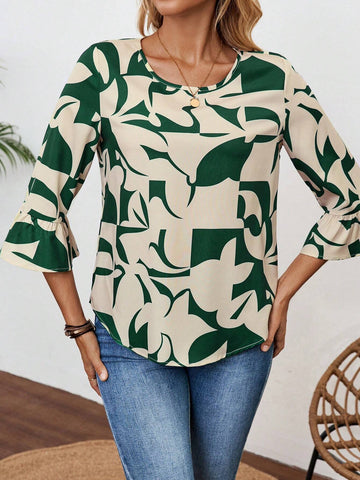 EMERY ROSE Women's Geometric Pattern Seven-Quarter Sleeve Round-Neck Shirt EMERY ROSE Women's Geometric Pattern Seven-Quarter Sleeve Round-Neck Shirt