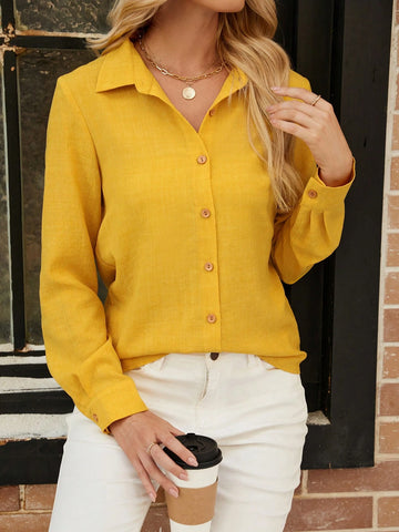 EMERY ROSE Women's Long Sleeve Button-Up Yellow Shirt For Autumn/Winter EMERY ROSE Women's Long Sleeve Button-Up Yellow Shirt For Autumn/Winter